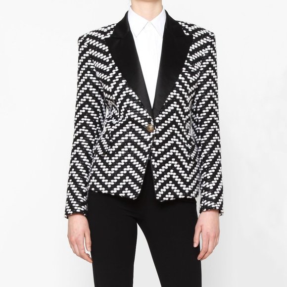 Auth BALMAIN Blazer Tweed Black&White chevron wool - Picture 2 of 16